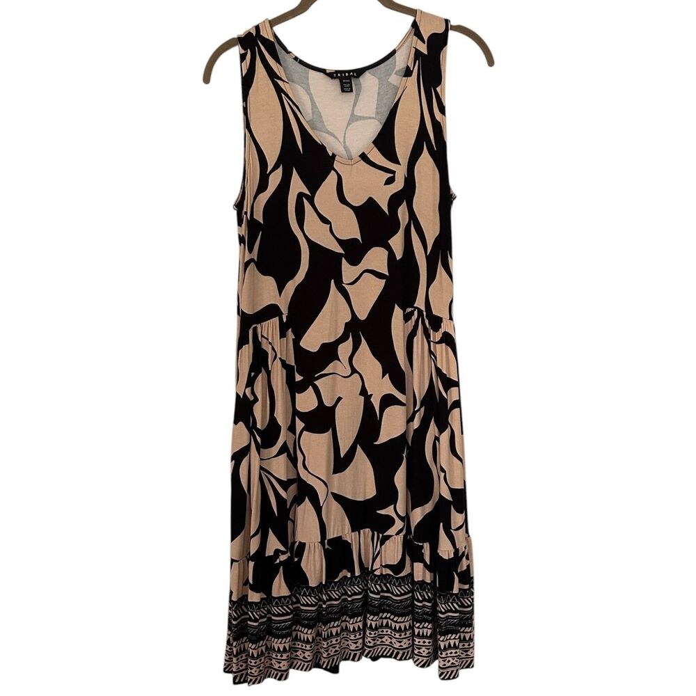Tribal Women’s XS Black Beige Floral Tiered Sleeveless Midi Dress